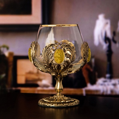 Бокал для коньяка Классик с искусственным камне "Янтарь желтый" 420 мл в подарочной коробке