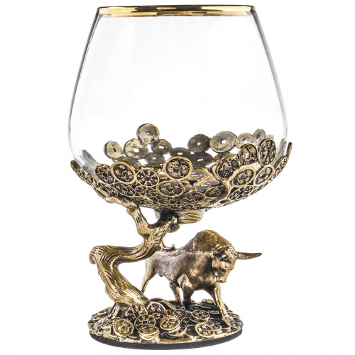 Бокал для коньяка ручной работы  "Денежный Бык" 310 мл в деревянной  шкатулке