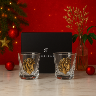 Набор из 2-х бокалов для виски с накладками Лошадь в черной коробке