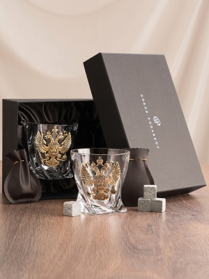 Набор 2 бокала для виски "Квадро", накл."Большой герб России",камни,мешки,в черной коробке