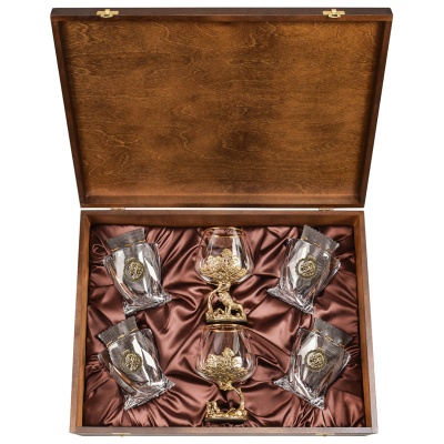 Набор 2 бокала для коньяка и 4 бокала для виски "Лев и Львица", в шкатулке из массива
