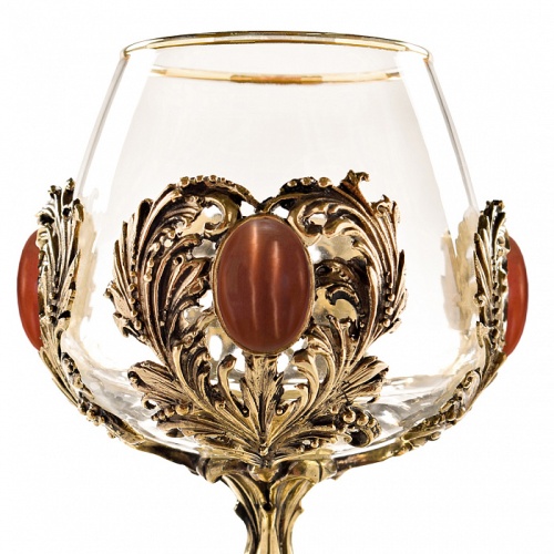 Набор 2 бокала для коньяка с камнем "Кошачий глаз" и "Сердолик", в шкатулке из массива