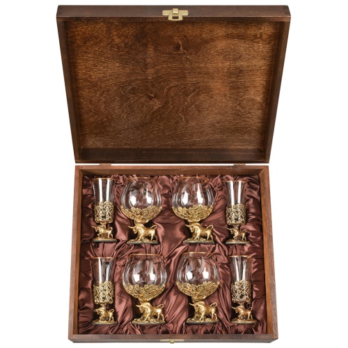Набор 4 бокала для коньяка и 4 лафитника "Бык", в шкатулке из массива