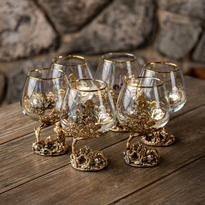 Набор из 6-ти бокалов для коньяка  Царь-Лев 420 мл в деревянной шкатулке из массива