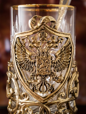 Подстаканник ручной работы "Герб" набор 3 предмета в деревянной шкатулке