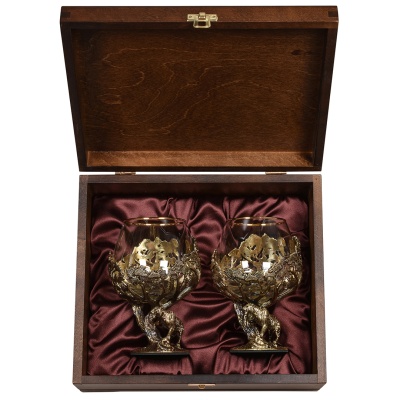 Набор 2 бокала для коньяка "Тигр", в шкатулке из массива дерева