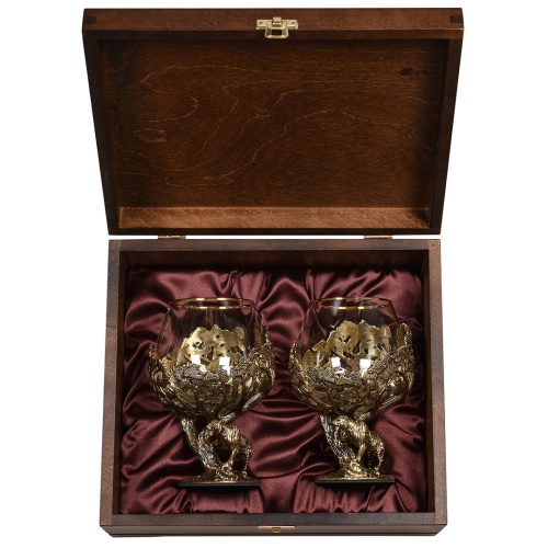 Набор 2 бокала для коньяка "Тигр", в шкатулке из массива дерева