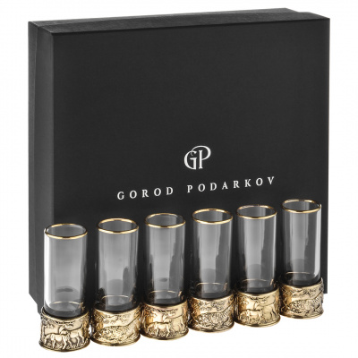 Набор из 6-ти стопок Патрон Тигр с латунным основанием в подарочной коробке