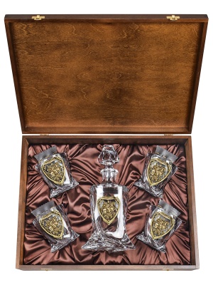 Набор 4 бокала для виски со Штофом накладка "Георгий Победоносец", "Великая Россия", в шкатулке из массива