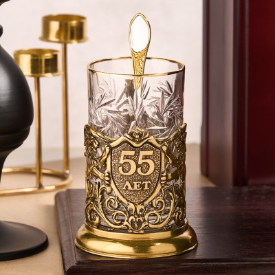 Подстаканник ручной работы  С Юбилеем 55 лет в черной подарочной упаковке