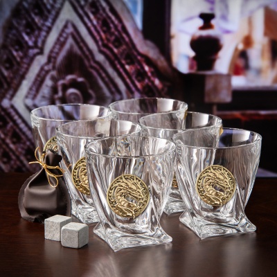 Набор 6 бокалов для виски "Квадро",накл."Дракон 3",мешки,камни, в черн.подарочн.коробке ключница