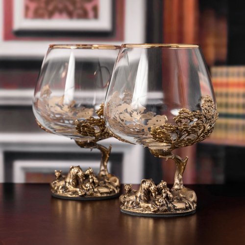 Набор 2 бокала для коньяка "Львица со львятами", в шкатулке из массива