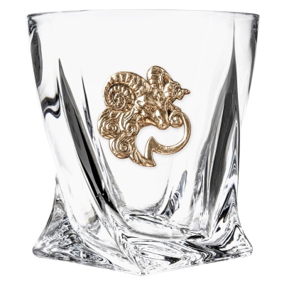 Набор из 2х бокалов для виски Квадро с накладкой "Овен", камни охлаждающие 4шт,  упаковка Mr Whiskey, ложемент коричневый атлас