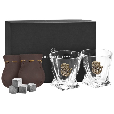 Набор 2 бокала для виски с накладкой "Козерог", в коробке из дизайнерского картона