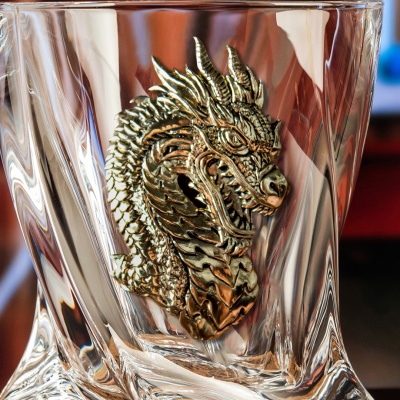 Набор 4 стопки патрон "Дракон", 2 бокала для виски "Квадро",накладка "Дракон 1 и 2",черная подарочная упаковка