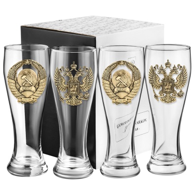 Набор 4 бокала для пива, накл. "Герб РФ и СССР" ВЕЛИКАЯ РОССИЯ ,в ч/б коробке