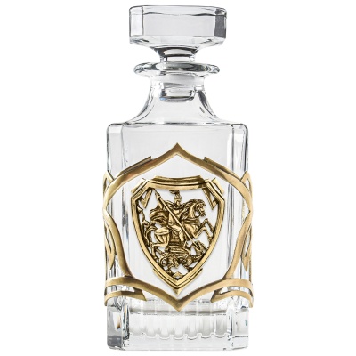 Набор 4 бокала для виски со Штофом накладка "Георгий Победоносец", в шкатулке из массива