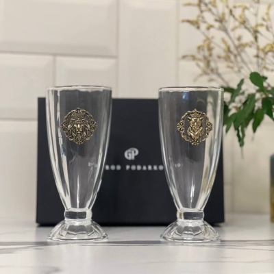 Набор для коктейлей и смузи: 2 бокала с накладками Лев фас, Львица фас в черной коробке