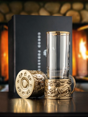 Набор из 2-х стопок Патрон Буйвол и Тигр с латунным основанием в подарочной коробке
