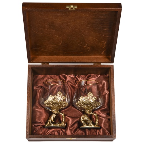 Набор 2 бокала для коньяка "Тигр" и "Медведь Гризли", в шкатулке из массива