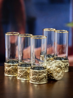 Набор из 6-ти стопок Патрон Тигр, Медведь, Буйвол с латунным основанием в подарочной коробке