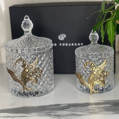 Набор Ландыши: две шкатулки большая и малая с накладками Ландыши в черной подарочной коробке