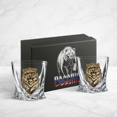 Набор из 2-х бокалов для виски с накладками Медведь Россия в черной коробке с печатью Герб Победное слово за нами