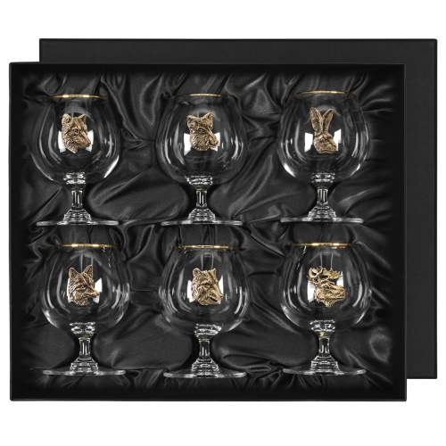 Набор из 6-ти бокалов для коньяка с накладкой Звери (латунь) в подарочной коробке с накладкой