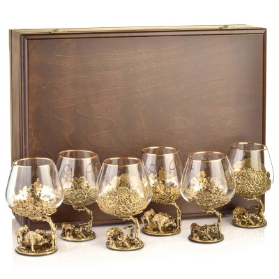 Набор 6 бокалов для коньяка "Охота на Медведя, Вепря, Кабана", в шкатулке из массива