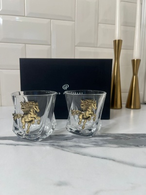 Набор из 2-х бокалов для виски с накладкой Огненный конь в черной подарочной коробке