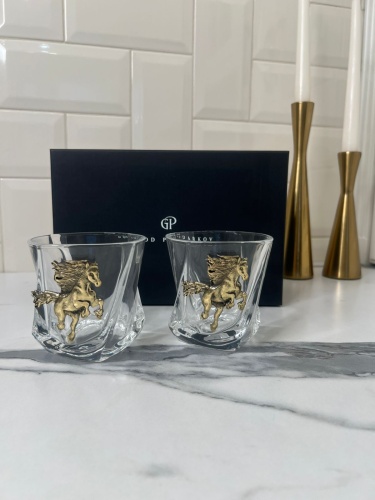 Набор из 2-х бокалов для виски с накладкой Огненный конь в черной подарочной коробке
