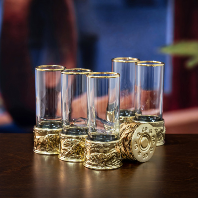 Набор из 6-ти стопок Патрон Медведь, Буйвол, Тигр, Лев, Кабан, Орел с латунным основанием в подарочной коробке