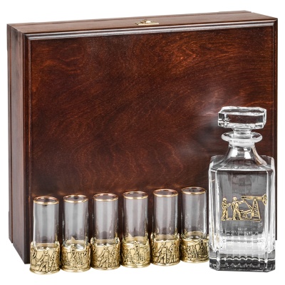 Набор 6 стопок патрон и Штоф накладка "Нефтяник", в шкатулке из массива