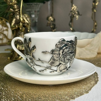 Чайная пара Магнолия нейзильбер в черной подарочной коробке